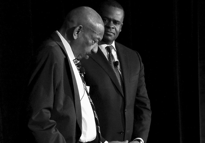 Mr  Russell and Mayor Reed at book signing in bw