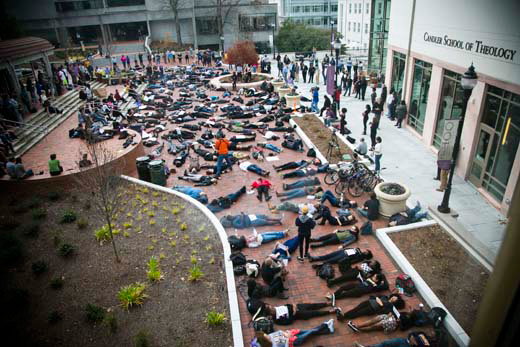 Emory University students staged a "die-in"  in Atlanta in protest of the rash of police shootings of black men. 