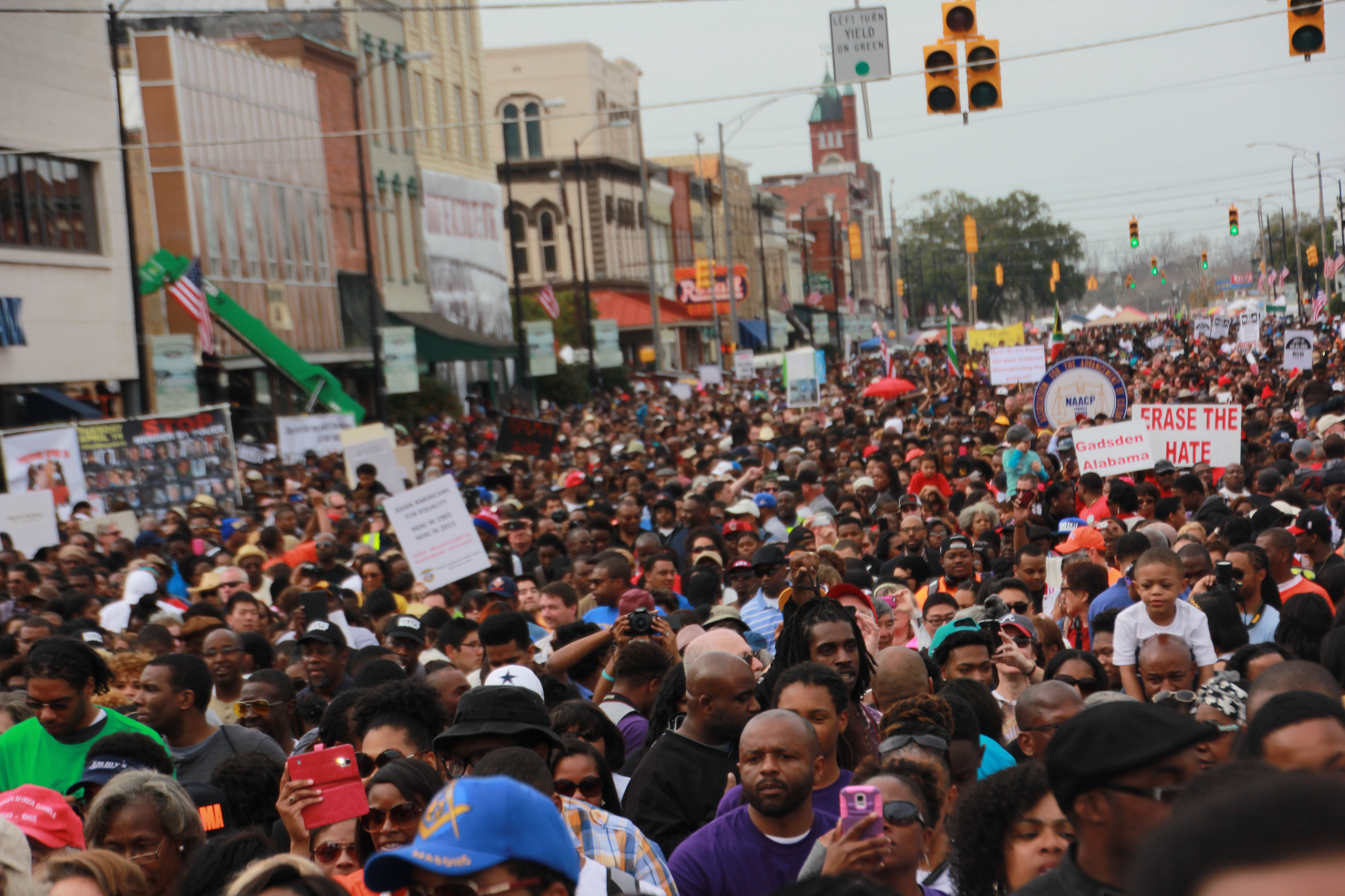 The Edmund Pettus Bridge spills into downtown Selma, Ala., which was deluged by throngs of "Bloody Sunday" observers.  