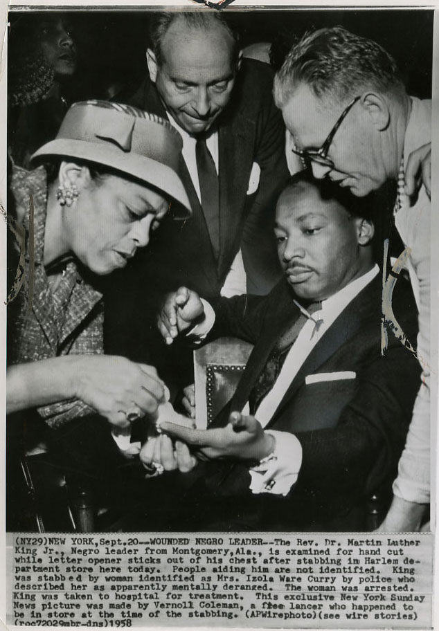 MLK, moments after being stabbed near his heart, with the letter opener sticking out of his chest.