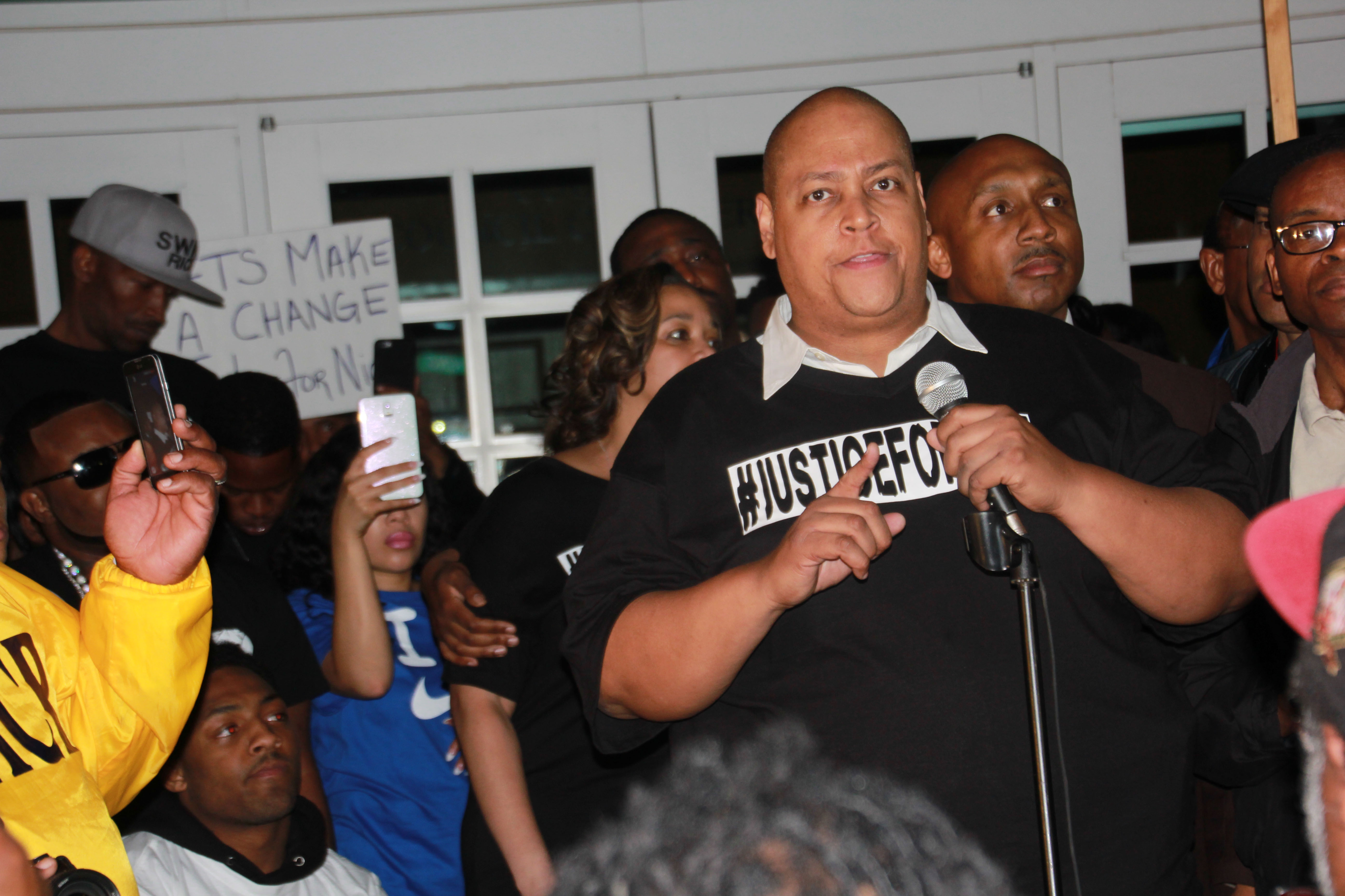 The late Nicholas Thomas' father, Huey, delivered an impassioned plea for justice for his son at a rally at Smyrna City Hall in suburban Atlanta on March 31. 