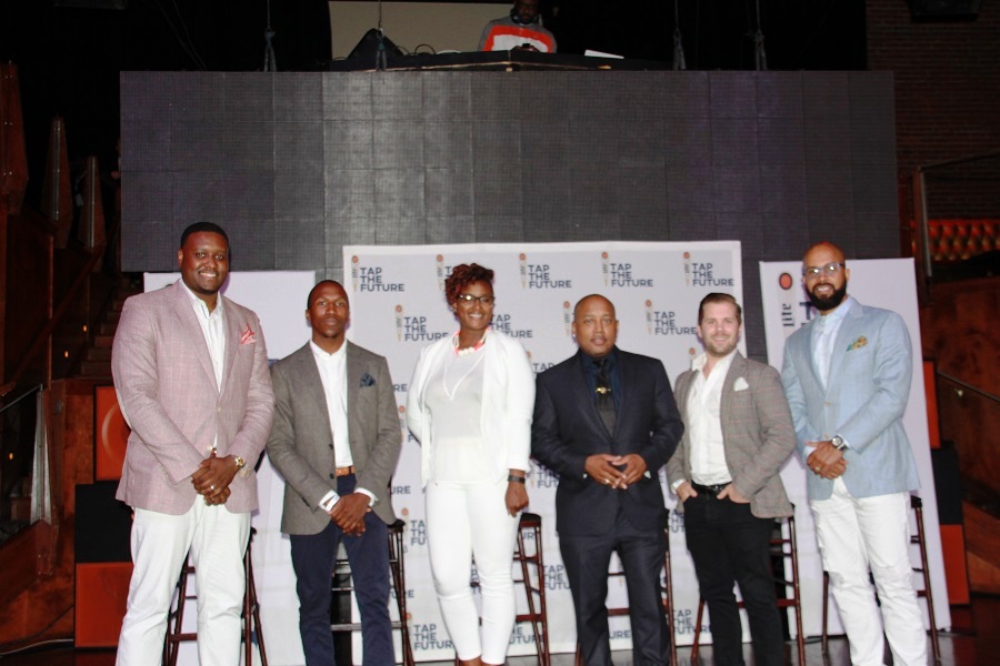 Steve Canal, MillerCoors manager of community affairs; Sulaiman “Su” Sanni and Ben Lamson Marve Frazier, founders of WeDidIt; Marve Frazier, CEO of Bossip.com; Daymond Johns (all black); and Kenny Burns, far right, VP of Revolt TV marketing