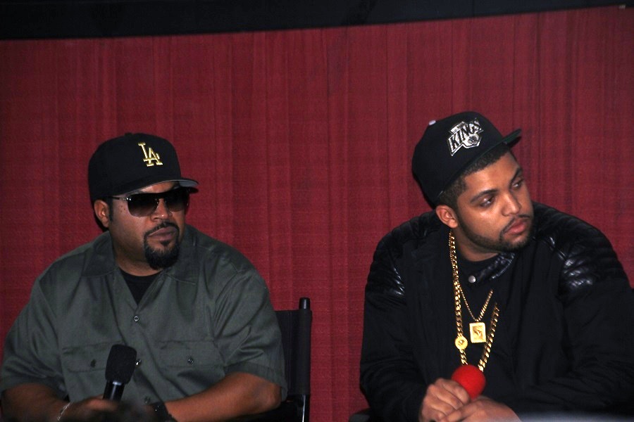 Ice Cube, left, and his son O'Shea Jackson Jr., during the panel discussion following the "Straight Outta Compton" premiere. 