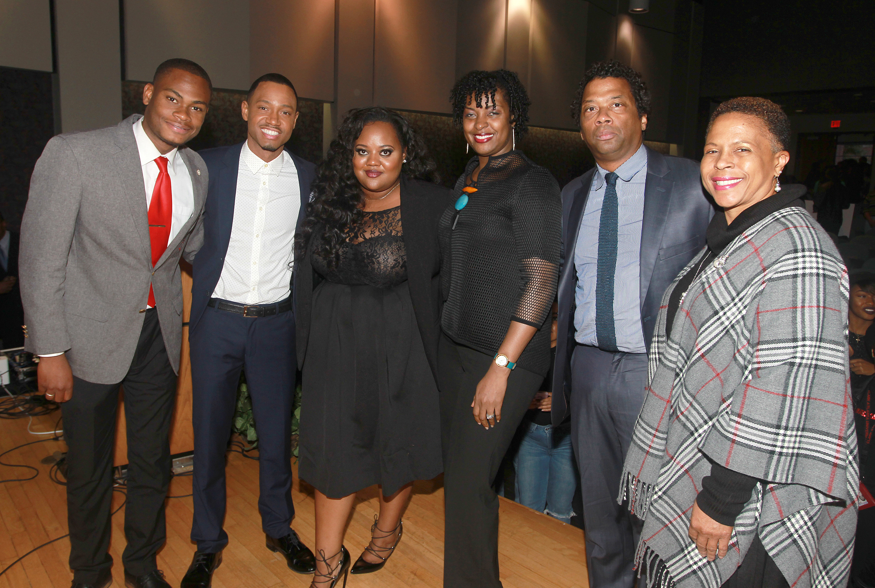Actor, philanthropist and HBCU alumni Terrence ‘J’ Jenkins, second from the left, is joined by Clark Atlanta University student Adrain Artary, first left, along with event panelists Natasha Eubanks, Founder and CEO, TheYBF.com; Lisa Frison, Vice President, African American segment manager, Wells Fargo; and Richard Shropshire, Vice President of Branding, Marketing and Communications, United Negro College Fund (UNCF) along with the Dean of Students of Clark Atlanta University, Ernita Hemmitt at the Wells Fargo My Life, My Story, #MyUntold℠ Town Hall on November 10, 2105 for students at Clark Atlanta University, Morehouse College and Spelman College in Atlanta, GA. (Photo by Donald Trail/Invision for Wells Fargo/AP Images)