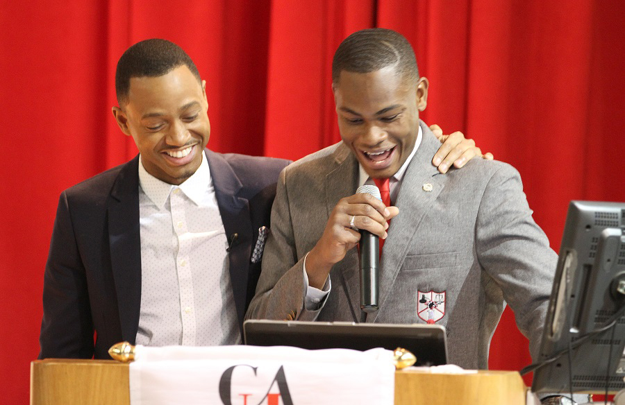 Actor, philanthropist and HBCU alumni Terrence ‘J’ Jenkins, left, along with Clark Atlanta University student Adrain Artary at the My Life, My Story, #MyUntold? Town Hall on November 10, 2015 at the Atlanta University Center Consortium in Atlanta, GA. (Photo by Donald Trail/Invision for Wells Fargo/AP Images)