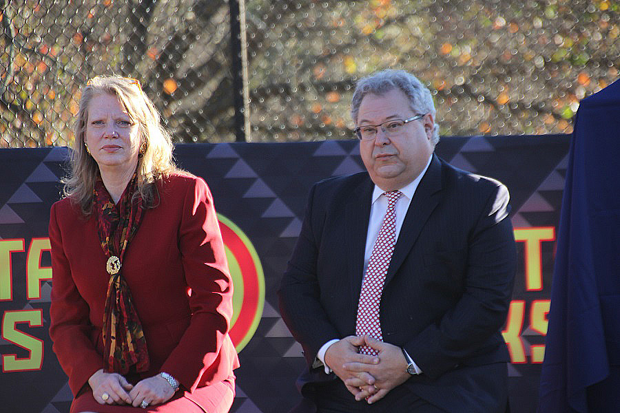 Councilwoman Carla Smith, left, and Atlanta Hawks owner/CEO Steve Koonin. 