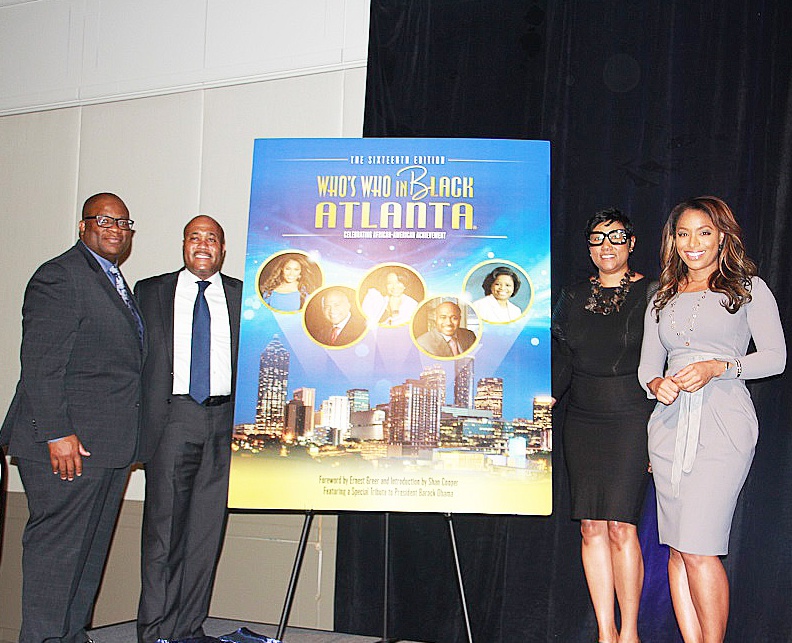 Real Times Media CEO Hiram Jackson, Greenberg Training CEO Ernest Greer, Who's Who in Atlanta publisher Lorraine Johnson and CBS 46 News anchor Sharon Reed unveil new WWIBA cover (Photos by Terry Shropshire for Atlanta Daily World and Real Times Media). 