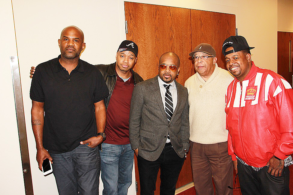 Christopher Hicks, far left, with Jermaine Dupri, center, at Morehouse College to support L.A. Reid's appearance and book signing. (Photo by Terry Shropshire for Atlanta Daily World and Real Times Media). 