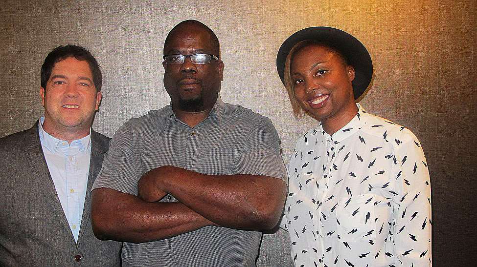 Atlanta Daily World editor Terry Shropshire with "Underground" creators Joe Pokaski, left, and Misha Green, right