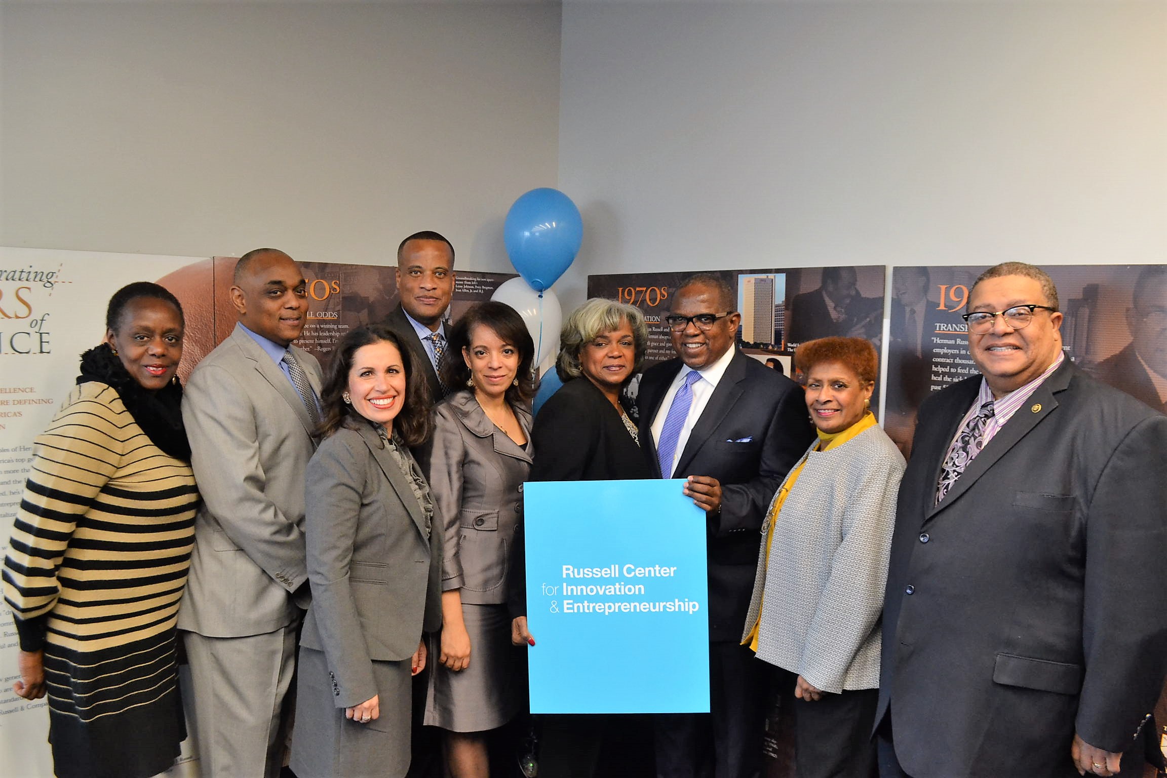 PHOTO Cutline and Caption: (l-r)  The Russell family celebrates their receipt of a $3 million grant from the U.S. Department of Commerce Economic Development Administration (EDA) and officially announcing renovation plans and their partnership with the EDA and the Minority Business Development Agency to create the Russell Center for Innovation and Entrepreneurship to inspire inclusive collaboration, innovation and entrepreneurship in Atlanta and the region: Georgia Representative Able Mable Thomas; Michael Russell, CEO, H.J. Russell & Co.; Dr. Eloise Klementich, CEcD, President and CEO, Invest Atlanta;  Jay Williams, U.S. Assistant Secretary of Commerce for Economic Development; Alejandra Y. Castillo, National Director, Minority Business Development Agency; Donata Russell, Founder, RCIE, RCIE Board Member & Chief Executive Officer Concessions International; H. Jerome Russell, Founder, RCIE, RCIE Board Member & President, H.J. Russell & Co.; City Councilmember Cleta Winslow and City Councilmember Ivory Young.  (Photo by Terrence Carter)