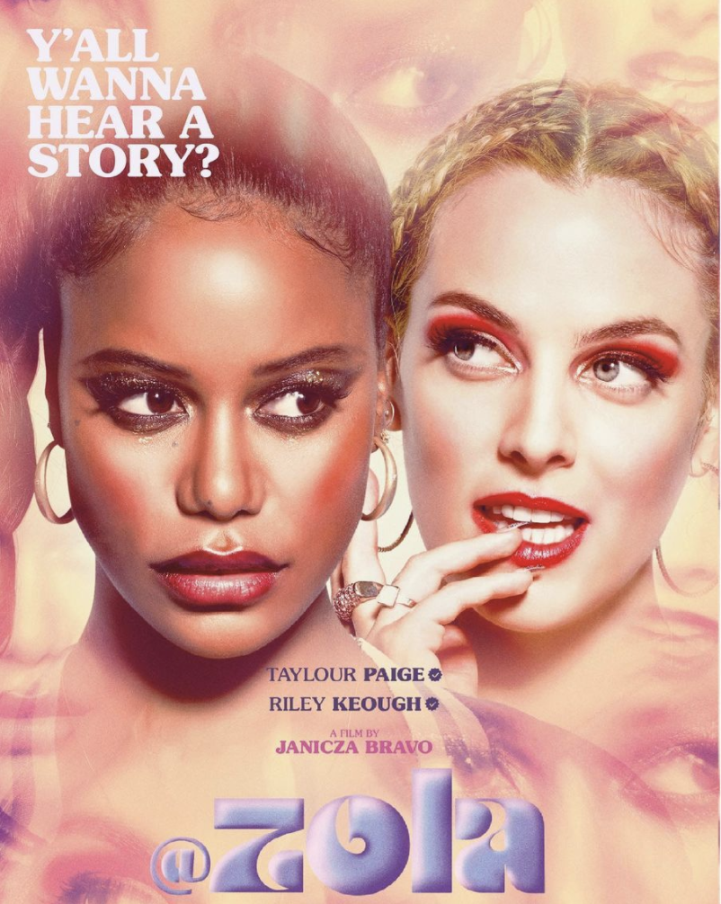 Y'all wanna hear a story? There is a close-up shot of Zola and Steffani. Zola is on the right and appears annoyed. Steffani is on the right and is using her fingers to play with her lips.