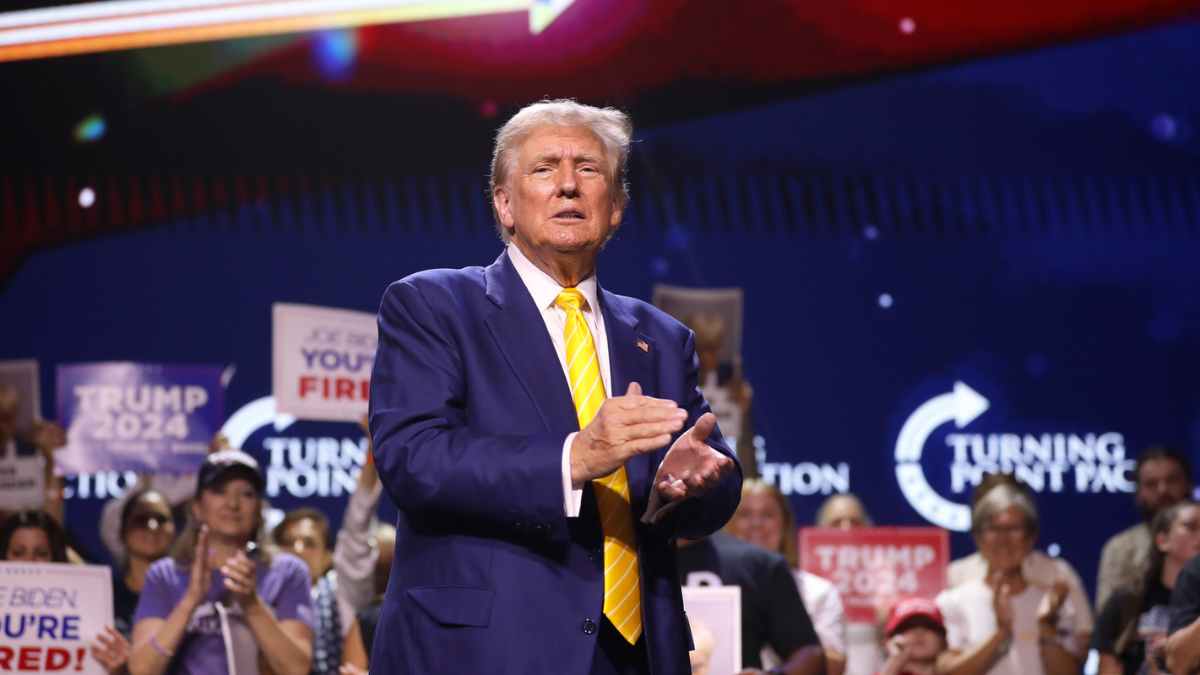 Former President of the United States Donald Trump speaking with attendees at a Chase the Vote rally at Dream City Church in Phoenix, Arizona.